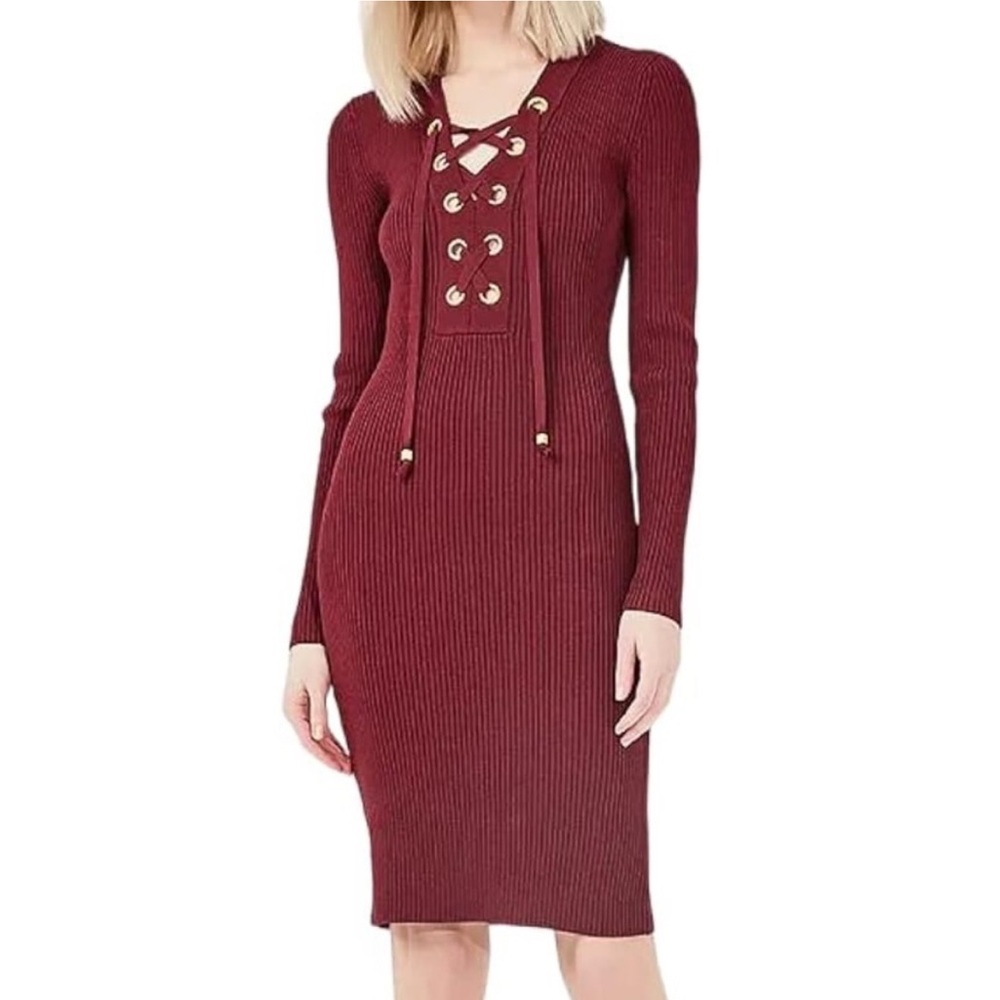 Michael Kors Deep Red Ribbed Long Lace-up Sweater Dress